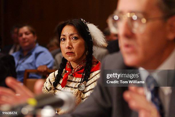 Amy Mossett, a North Dakotan and member of the Three Affiliated Tribes, who is interpreting Sakakawea - who was also a North Dakotan, listens to the...