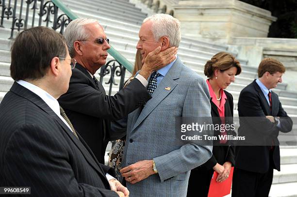 Sen. Orrin Hatch, R-Utah, grey suit, is thanked for his remarks by former Congressman Tony Coelho and now chairman of the Epilepsy Foundation during...