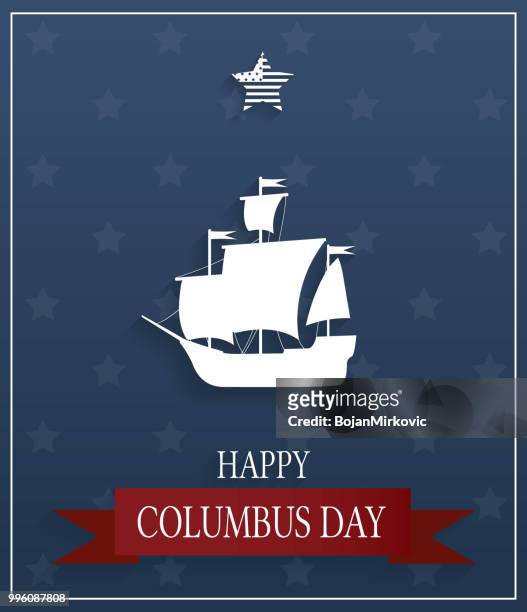 columbus day poster on blue background with boat. vector illustration. - columbus day stock illustrations