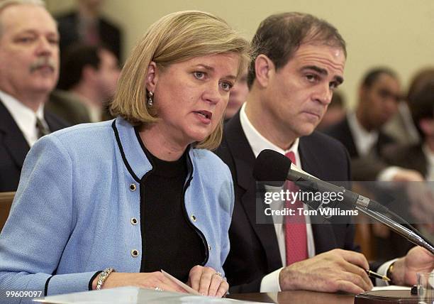 Vice President of Corporate Developement for Enron, Sherron Watkins, testifies beside her counsel Philip Hilder, at a House Energy and Commerce...