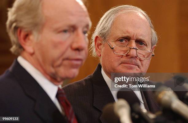 Sens. Joe Lieberman, D-Conn., left, and Carl Levin, D-Mich., speak a press conference announcing a Permanent Subcommittee on Investigations hearing...