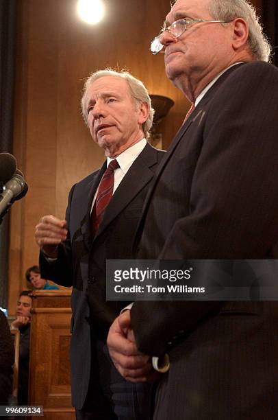 Sens. Joe Lieberman, D-Conn., left, and Carl Levin, D-Mich., speak a press conference announcing a Permanent Subcommittee on Investigations hearing...