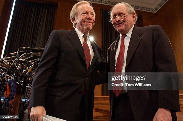 Sens. Joe Lieberman, D-Conn., left, and Carl Levin, D-Mich., speak a press conference announcing a Permanent Subcommittee on Investigations hearing...