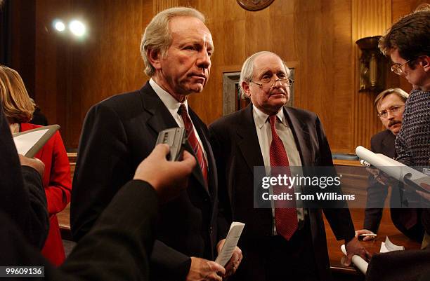 Sens. Joe Lieberman, D-Conn., left, and Carl Levin, D-Mich., speak a press conference announcing a Permanent Subcommittee on Investigations hearing...