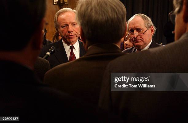 Sens. Joe Lieberman, D-Conn., left, and Carl Levin, D-Mich., speak a press conference announcing a Permanent Subcommittee on Investigations hearing...