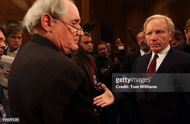 Sens. Joe Lieberman, D-Conn., right, and Carl Levin, D-Mich., speak a press conference announcing a Permanent Subcommittee on Investigations hearing...
