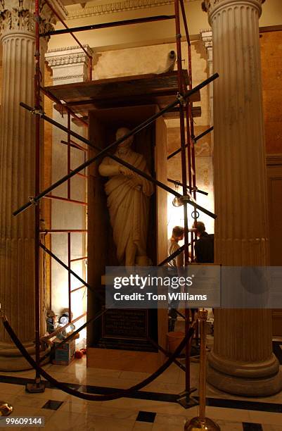 Workers check out the restoration of the Scagliola that covers the walls in the Hall of Columns. The Scagliola resembles and dates back to the 1850's.