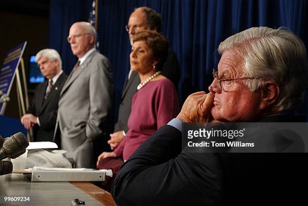From left, Sens. Chris Dodd, D-Conn., Pat Leahy, D-Vt., Jon Corzine, D-N.J., Barbara Boxer, D-Calif., and Ted Kennedy, D-Mass., attend a news...
