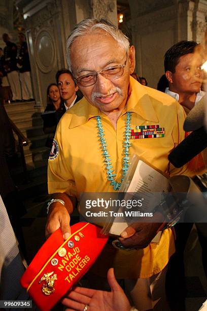 One of the original Navajo Code Talkers, Albert Smith of New Mexico, is interviewed at the Library of Congress before a reception after the...