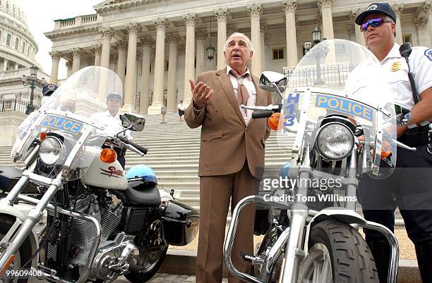 Sen. Ben Nighthorse Campbell, R-CO, appears with Capitol Police officer Sergant Charles Karadimos of the Motorcycle Unit to announce that the Senate...