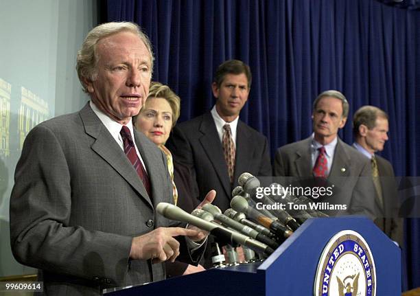 Sen. Joe Lieberman, D-CT, speaks at a press conference in the Senate Studio on the budget, with Sen. Hillary Clinton, D-NY, Rep. Cal Dooley, D-CA,...