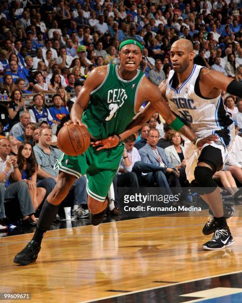 Paul Pierce of the Boston Celtics drives against Vince Carter of the Orlando Magic in Game One of the Eastern Conference Finals during the 2010 NBA...
