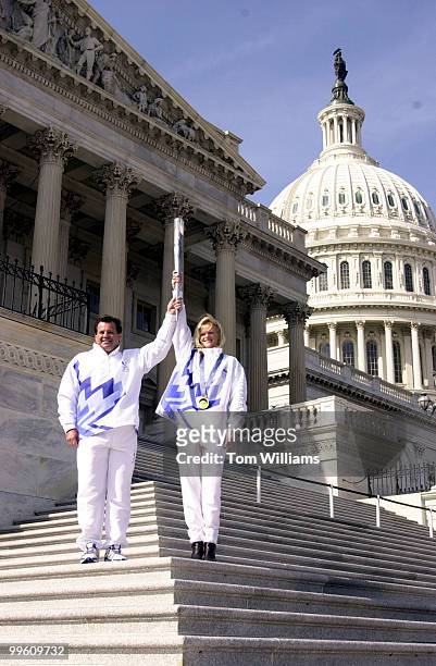 Gold medalists Mike Eruzione of the 1980 Hockey Team and Nikki Stone from the 1998 Freestyle Ski Team, along with the Salt Lake City Organizing...