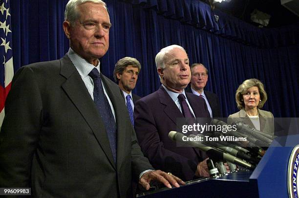 Sens. From left, John Kerry, D-Mass., Frist Hollings, R-S.C., John McCain, R-Ariz., John D. Rockefeller, D-W.V., and Kay Baily Hutchison, R-Texas,...