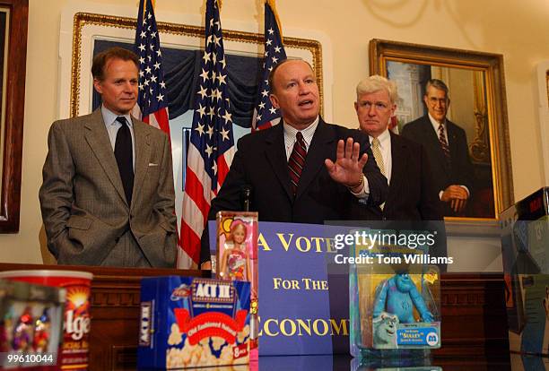 Reps. From left, David Drier, R-Calif., Kevin Brady, R-Texas, and Jim Moran, D-Va., appear at a press conference with products from local Wal Marts,...