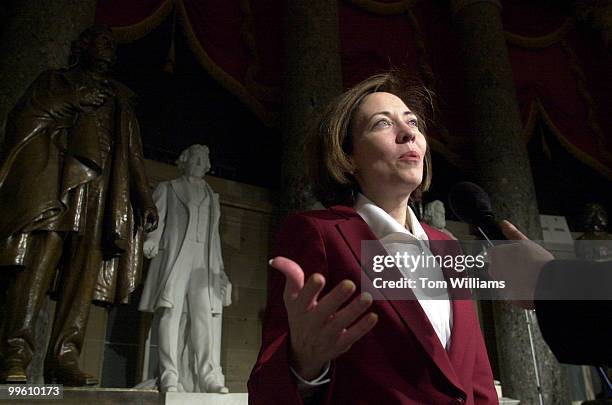 Sen. Maria Cantwell, answers questions during a T.V. Interviews in Statuary Hall on President Bush's address to the Joint Session of Congress.