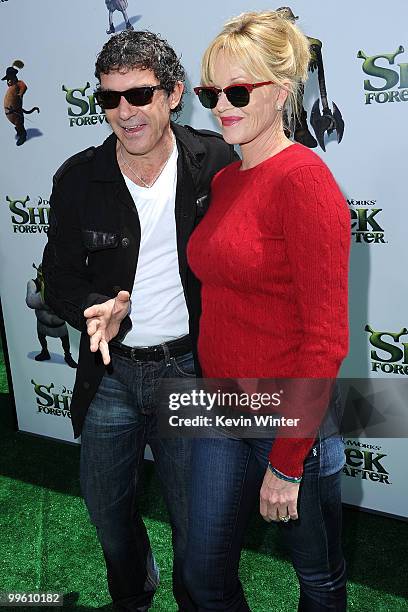 Actress Melanie Griffith and actor Antonio Banderas arrive at the premiere of DreamWorks Animation's "Shrek Forever After" at Gibson Amphitheatre on...