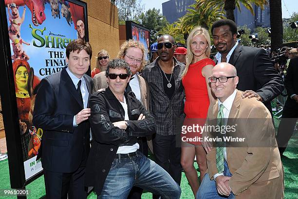 Actors Mike Myers, Antonio Banderas, Walt Dohrn, Eddie Murphy, Cameron Diaz, Craig Robinson and director Mike Mitchell arrive at the premiere of...