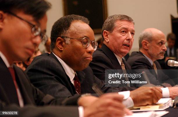 Attorney General John Ashcroft testifies at a House Judiciary Committee Hearing on new terrorism laws. From left is Viet Dinh, Assitant Attorney...