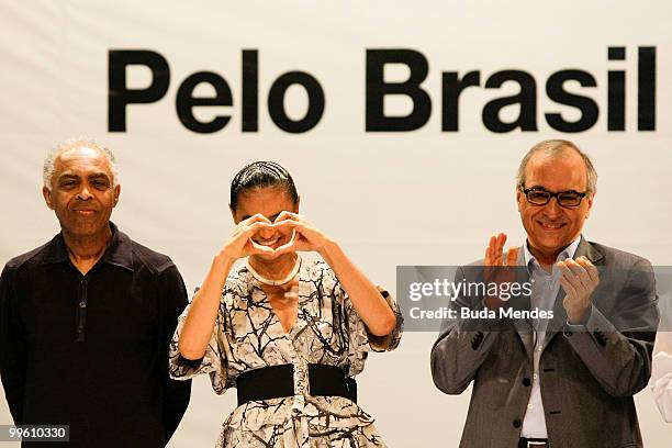 Gilberto Gil, PV Pre-Candidate Marina Silva and pre-candidate for vice president Guilherme Leal during a conference to launch Marina Silva's campaign...