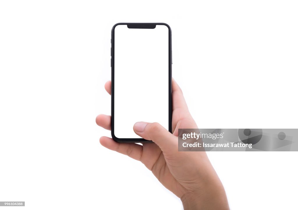 Close up hand hold phone isolated on white