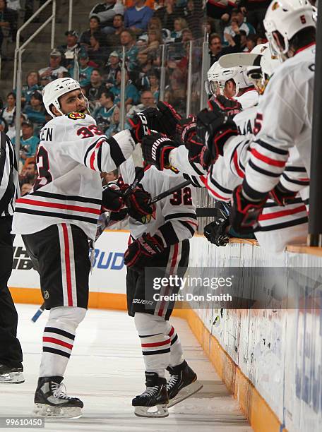 Dustin Byfuglien of the Chicago Blackhawks celebrates a goal against the San Jose Sharks in Game One of the Western Conference Finals during the 2010...