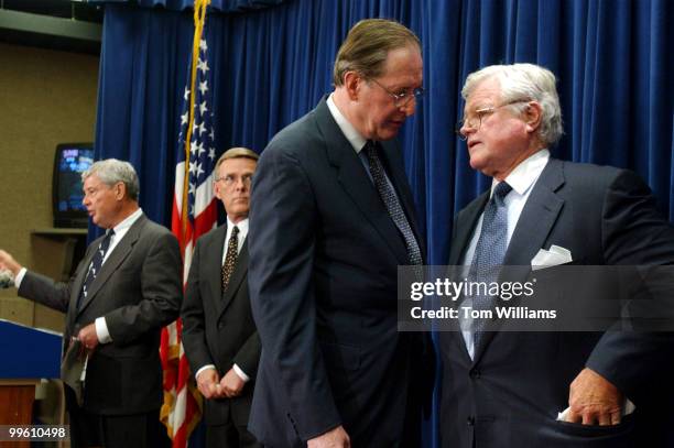 Sens. John D. Rockefeller, D-WV, and Ted Kennedy, D-MA, ahve a word at a press conference urging President Bush to add a prescription drug benefit to...