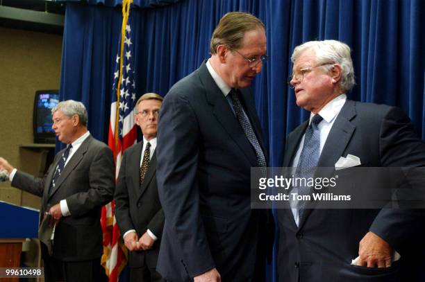 Sens. John D. Rockefeller, D-WV, and Ted Kennedy, D-MA, ahve a word at a press conference urging President Bush to add a prescription drug benefit to...