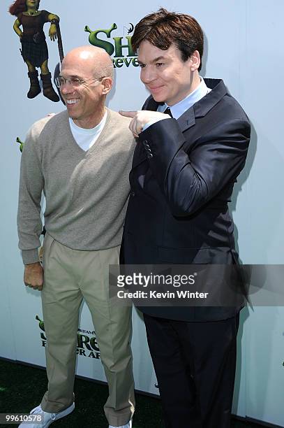 Of DreamWorks Animation Jeffrey Katzenberg and actor Mike Myers arrive at the premiere of DreamWorks Animation's "Shrek Forever After" at Gibson...
