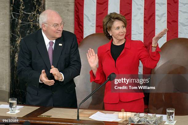 Speaker of the House Nancy Pelosi, D-Calif., points out Queen Rania of Jordan to Vice President Dick Cheney while King Abdullah II of Jordan enters...
