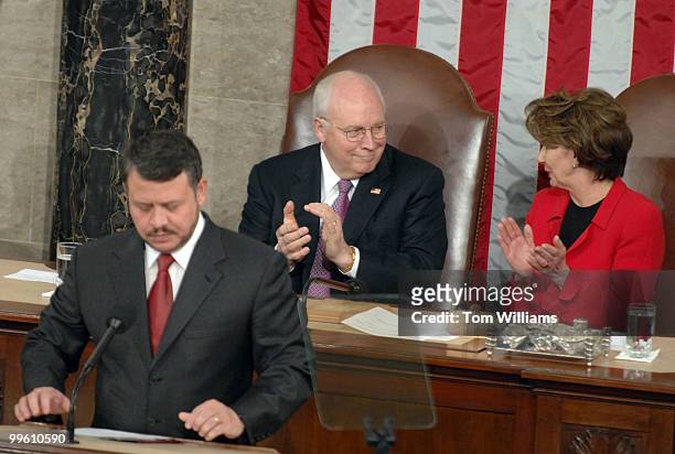 Speaker of the House Nancy Pelosi, D-Calif., and Vice President Dick Cheney listen to King Abdullah II of Jordan address a joint meeting of Congress...