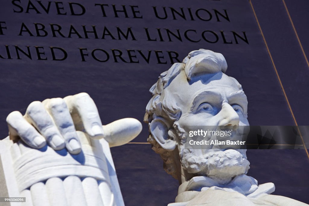 Architectural detail of statue of Abraham Lincoln at night