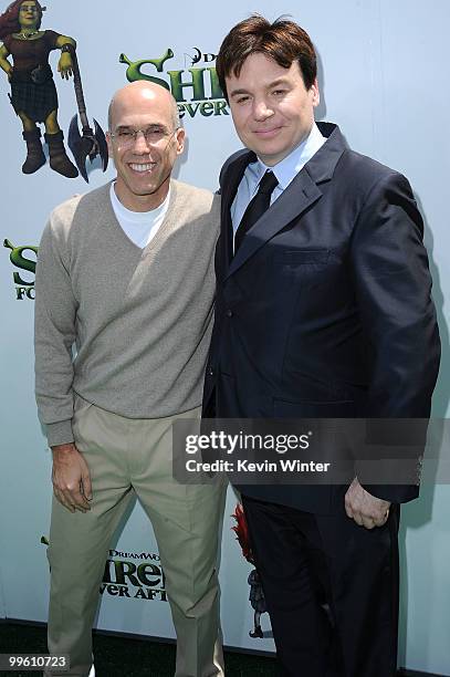 Of DreamWorks Animation Jeffrey Katzenberg and actor Mike Myers arrive at the premiere of DreamWorks Animation's "Shrek Forever After" at Gibson...