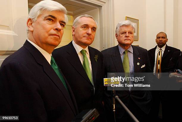 Sen. Chris Dodd, D-Conn., Prime Minister of Ireland Bertie Ahern, and Sen. Ted Kennedy, D-Mass., speak to the media after a closed meeting between...