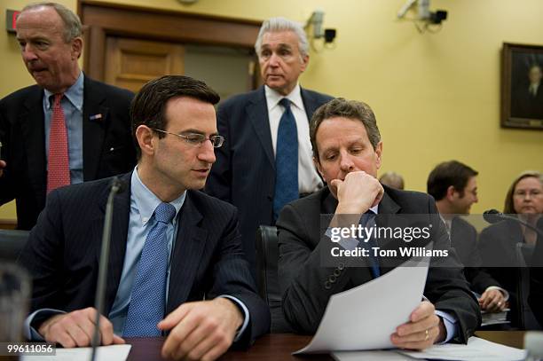 Treasury Secretary Timothy Geithner, right, and Peter Orszag, director of the Office of Management and Budget, prepare for a House Appropriations...