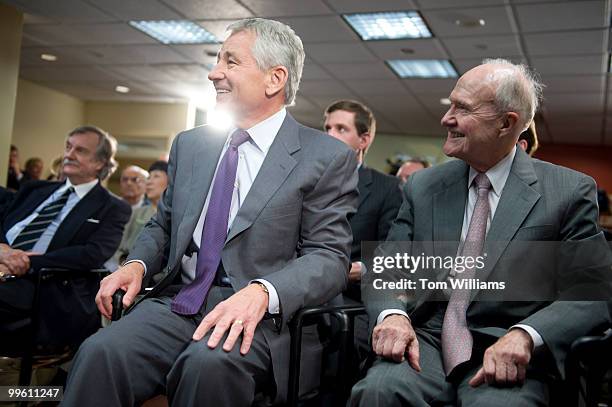 Former Senator Chuck Hagel, left, chairman of the Atlantic Council, and former National Security Advisor Brent Scowcroft wait for a speech by Senate...