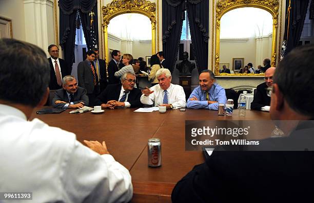 From left, Sen. Jack Reed, R-R.I., House Financial Services Committee Chairman Barney Frank, D-Mass., Senate Banking Committee Chairman Chris Dodd,...