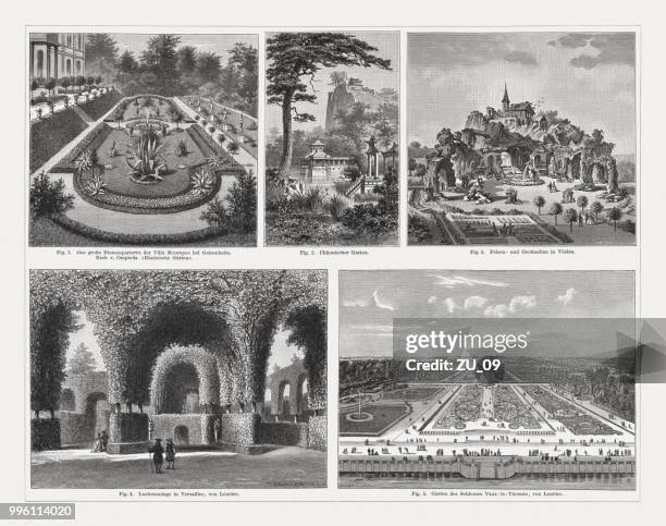 historical evidence of gardening, wood engravings, published in 1897 - show garden stock illustrations