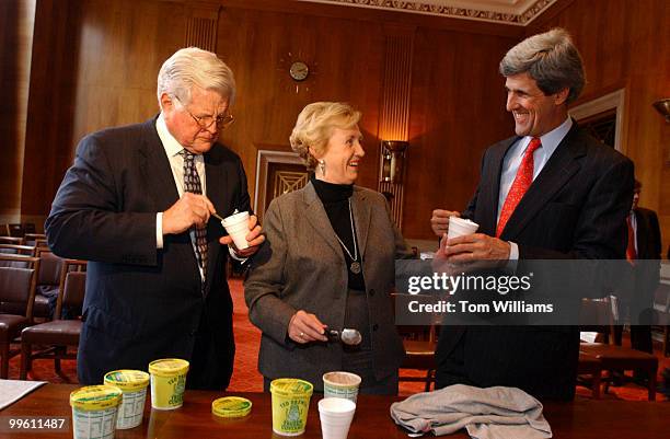 Massachusetts Sen. Ted Kennedy and John Kerry except the their Superbowl winnings from Missouri Senator Jean Carnahan. Carnahan served to "Ted Drewes...