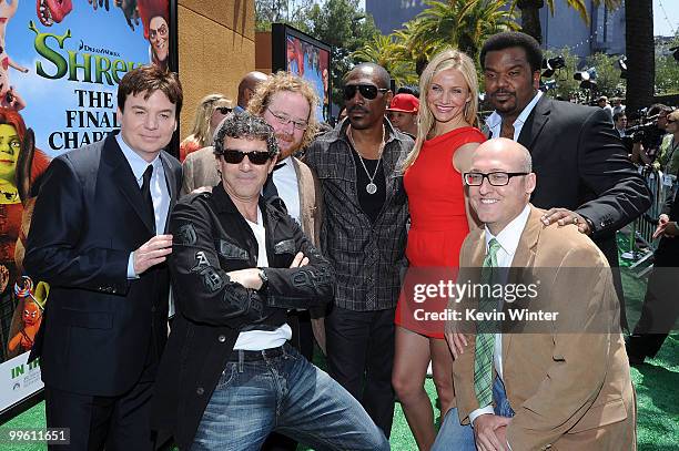 Actors Mike Myers, Antonio Banderas, Walt Dohrn, Eddie Murphy, Cameron Diaz, Craig Robinson and director Mike Mitchell arrive at the premiere of...