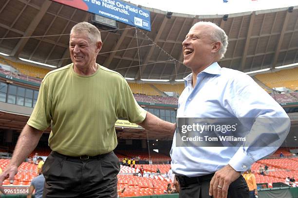 Former Senators player Frank Howard, left, shares a laugh with Nationals owner Mark Lerner, before the 46th Annual Roll Call Congressional Baseball...