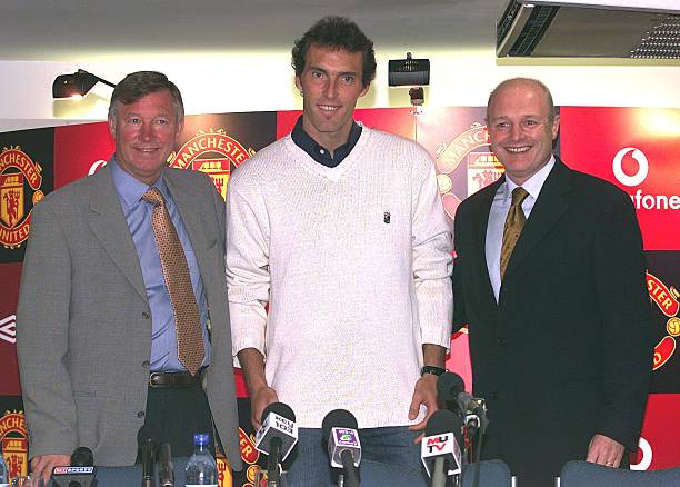 Laurent Blanc is unveiled as Manchester United's new signing at a press conference with manager, Alex Ferguson, and chief executive, Peter Kenyon at...