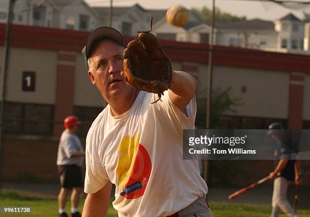 Rep. John Shimkus, R-Ill., prepares to pitch at the Republican baseball practice, Wednesday.
