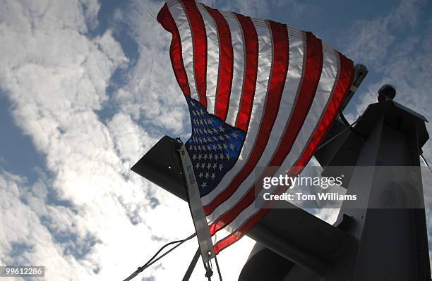 An American Flag flies from a combat boat named Joint Multimission Expeditionary Craft , in the Potomac River. The JMEC is made by Northrop Grumman,...