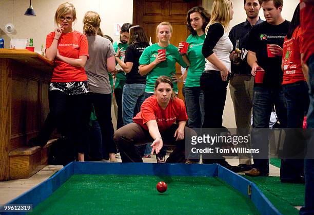 Klare Finkle of team Your Bocce Makes Me Hot makes a throw during indoor bocce ball competition at the American Legion on Capitol Hill, Oct. 21, 2009.