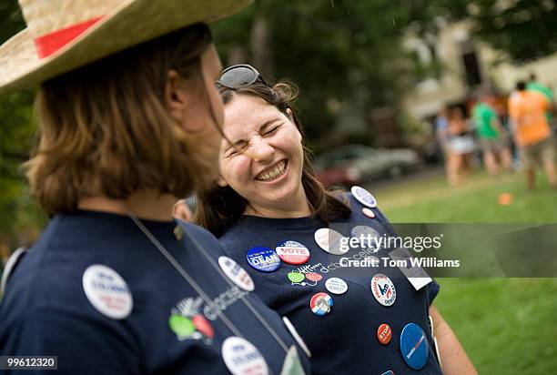 Plan B teammates Amanda Foster, left, and Danielle Duffy, wear buttons as flare for their bocce ball game in Garfield Park on Capitol Hill, August...