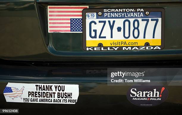 Car donning conservative bumper stickers sits outside of a town hall meeting conducted by Rep. Chris Carney, D-Pa., at the Eagle Hose Company in...