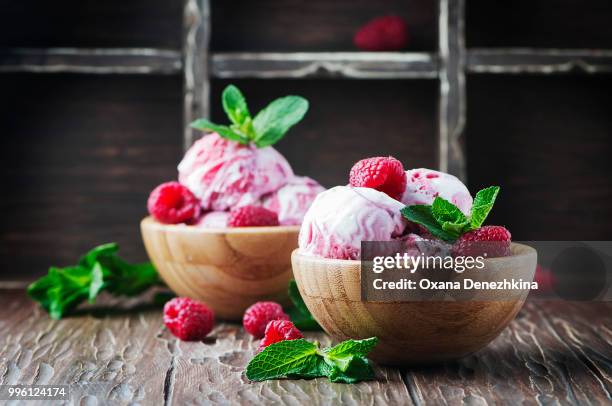 sweet raspberry ice-cream witn mint - mint ice cream stock pictures, royalty-free photos & images