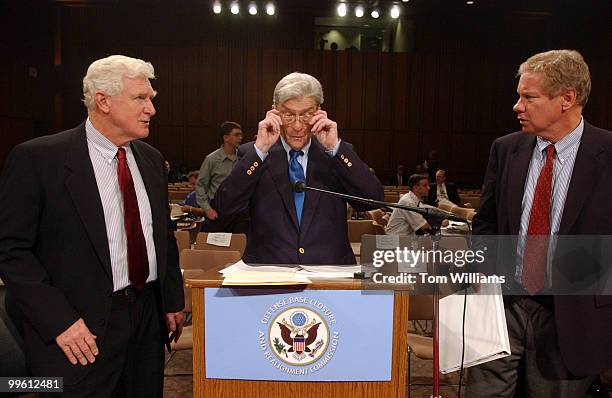 Sen. John Warner, R-Va., center, and Reps. Jim Moran, D-Va., left, and Tom Davis, R-Va., prepare to testify before the Defense Base Closure and...