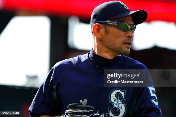 Ichiro Suzuki of the Seattle Mariners looks on during the MLB game against the Los Angeles Angels at Angel Stadium on July 10, 2018 in Anaheim,...